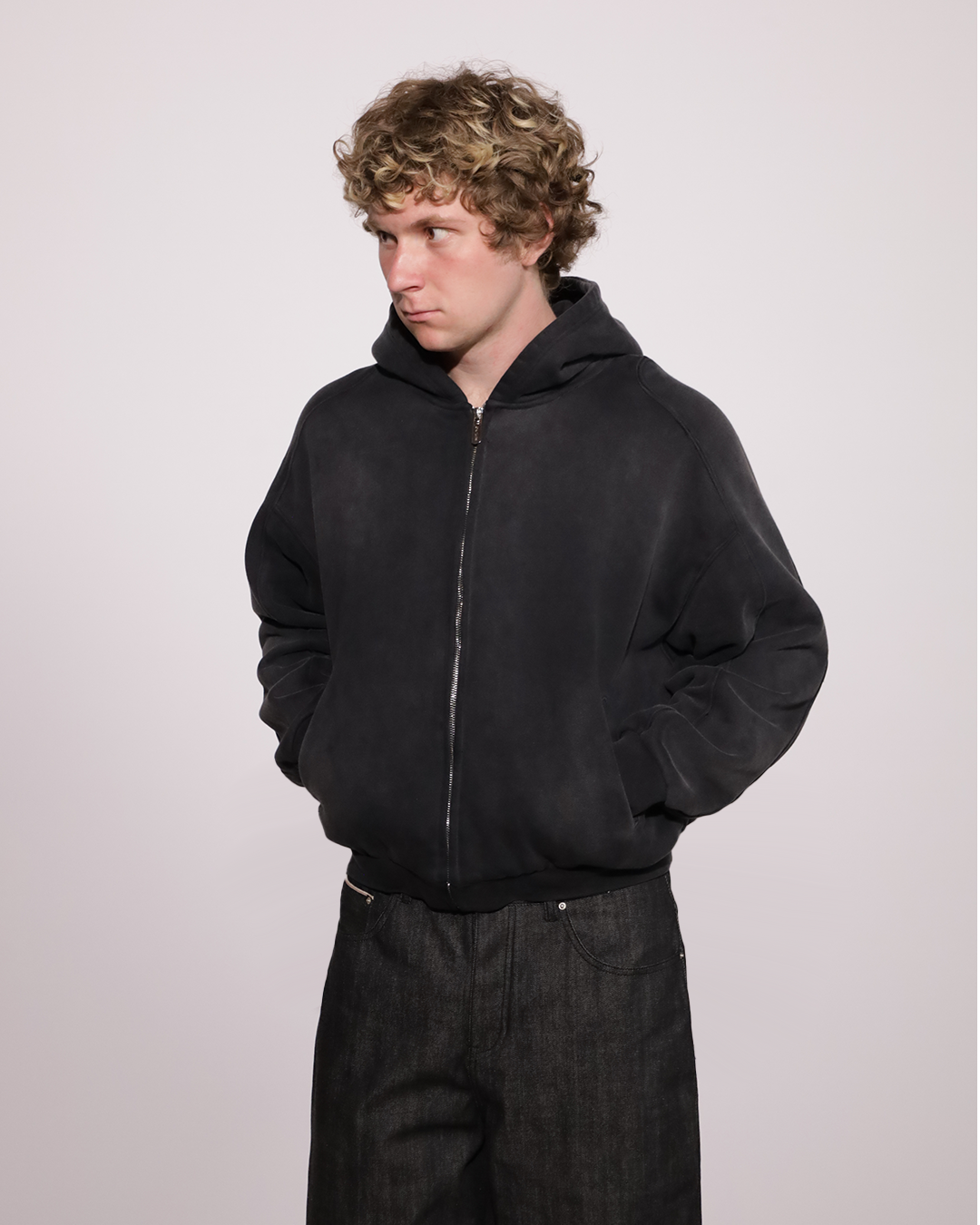 SUNFADED BLACK ZIP UP HOODIE