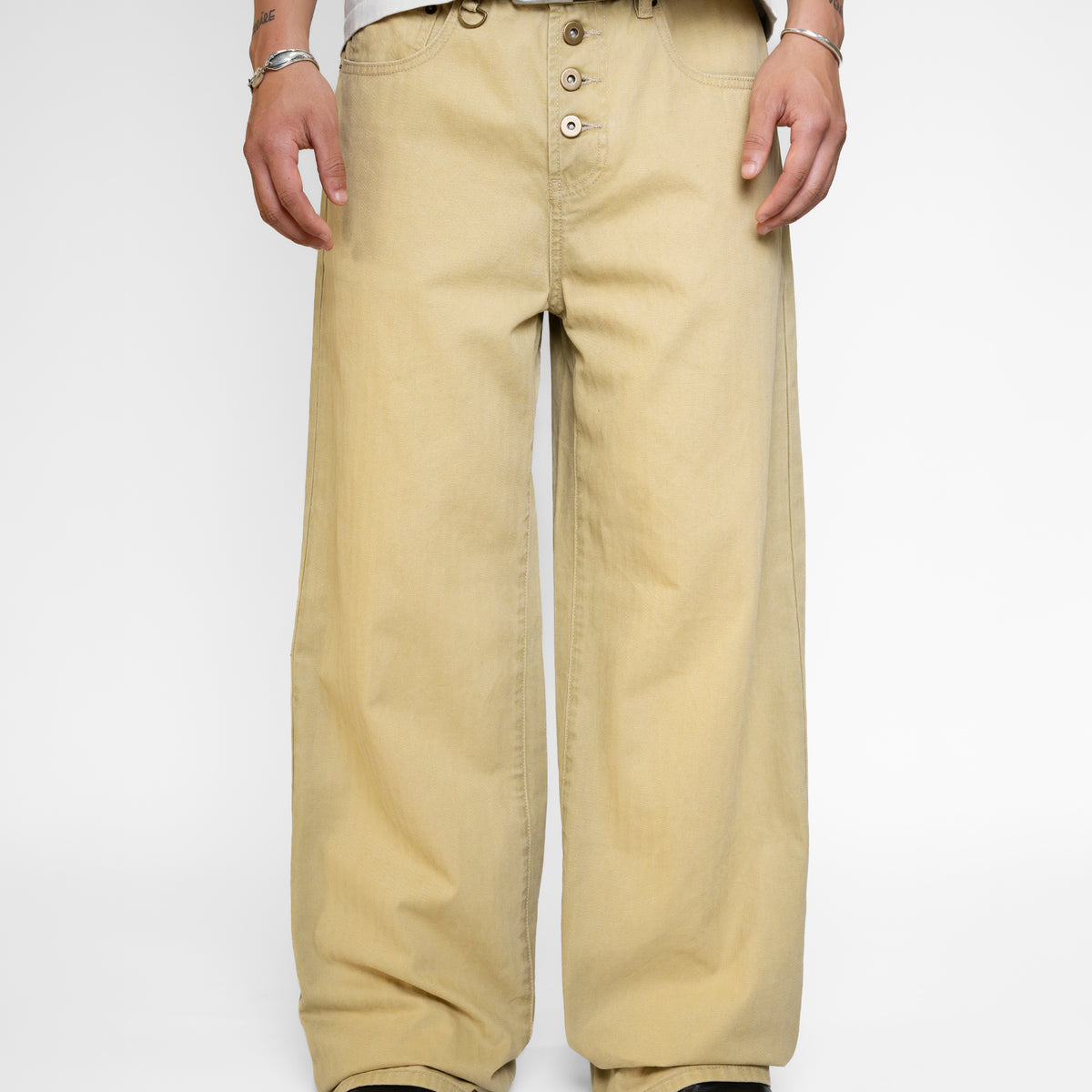 BEIGE WASHED HERRINGBONE TWILL PANTS