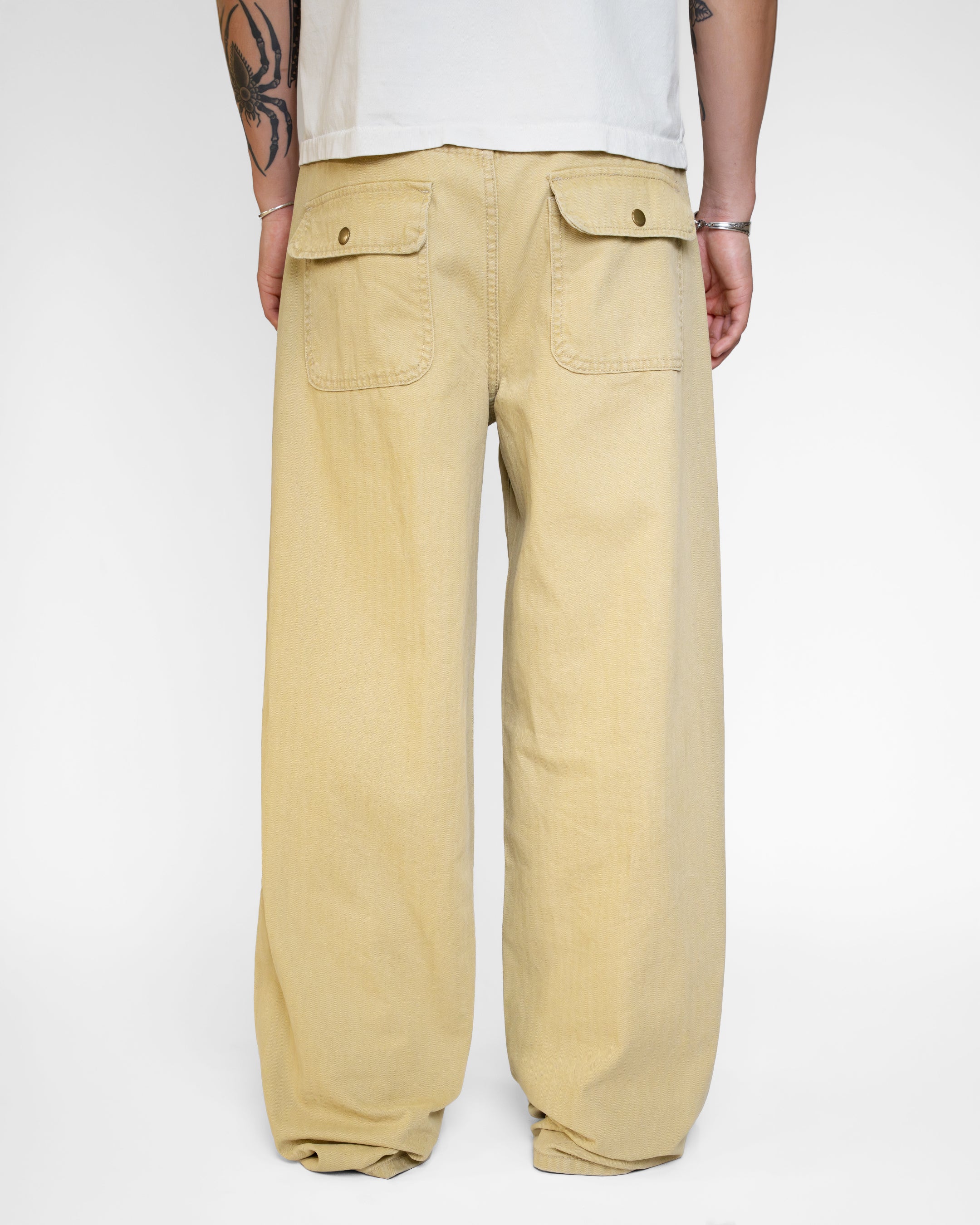 BEIGE WASHED HERRINGBONE TWILL PANTS